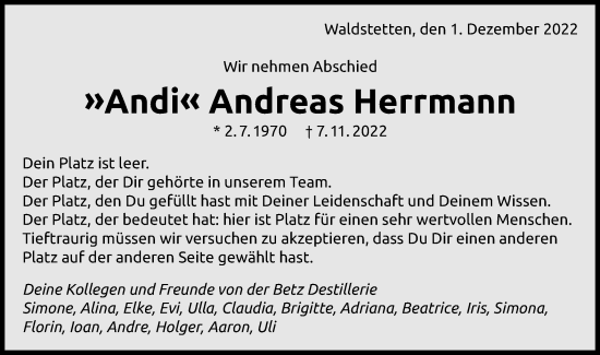 Traueranzeige von Andreas Herrmann von Gmünder Tagespost