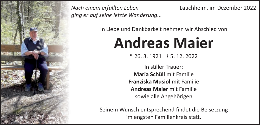  Traueranzeige für Andreas Maier vom 09.12.2022 aus Schwäbische Post