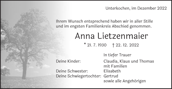 Traueranzeige von Anna Lietzenmaier von Schwäbische Post