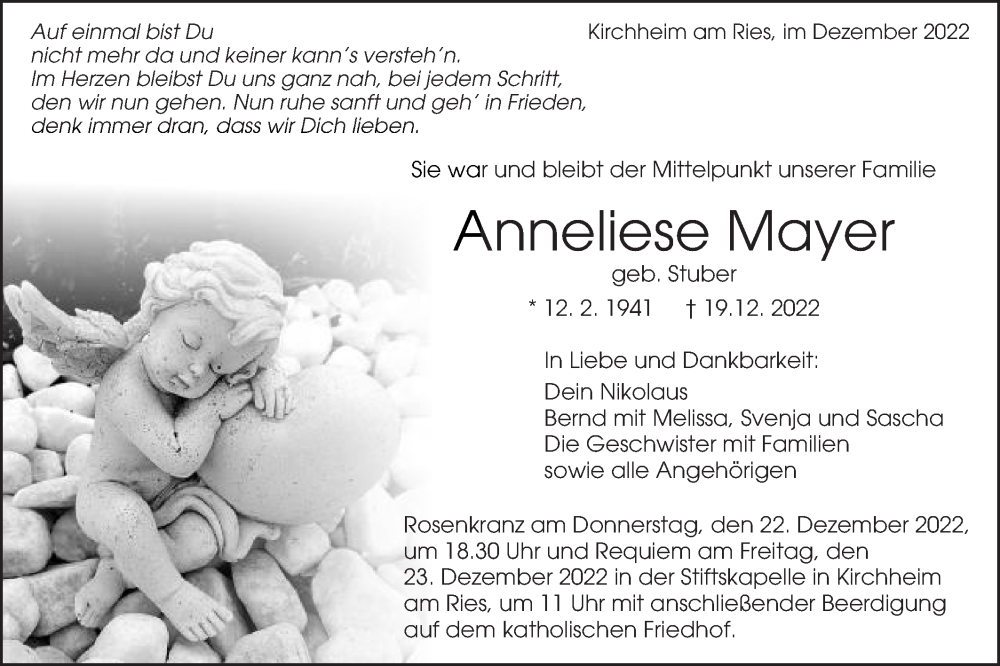  Traueranzeige für Anneliese Mayer vom 21.12.2022 aus Schwäbische Post