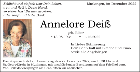 Traueranzeige von Annelore Deiß von Gmünder Tagespost