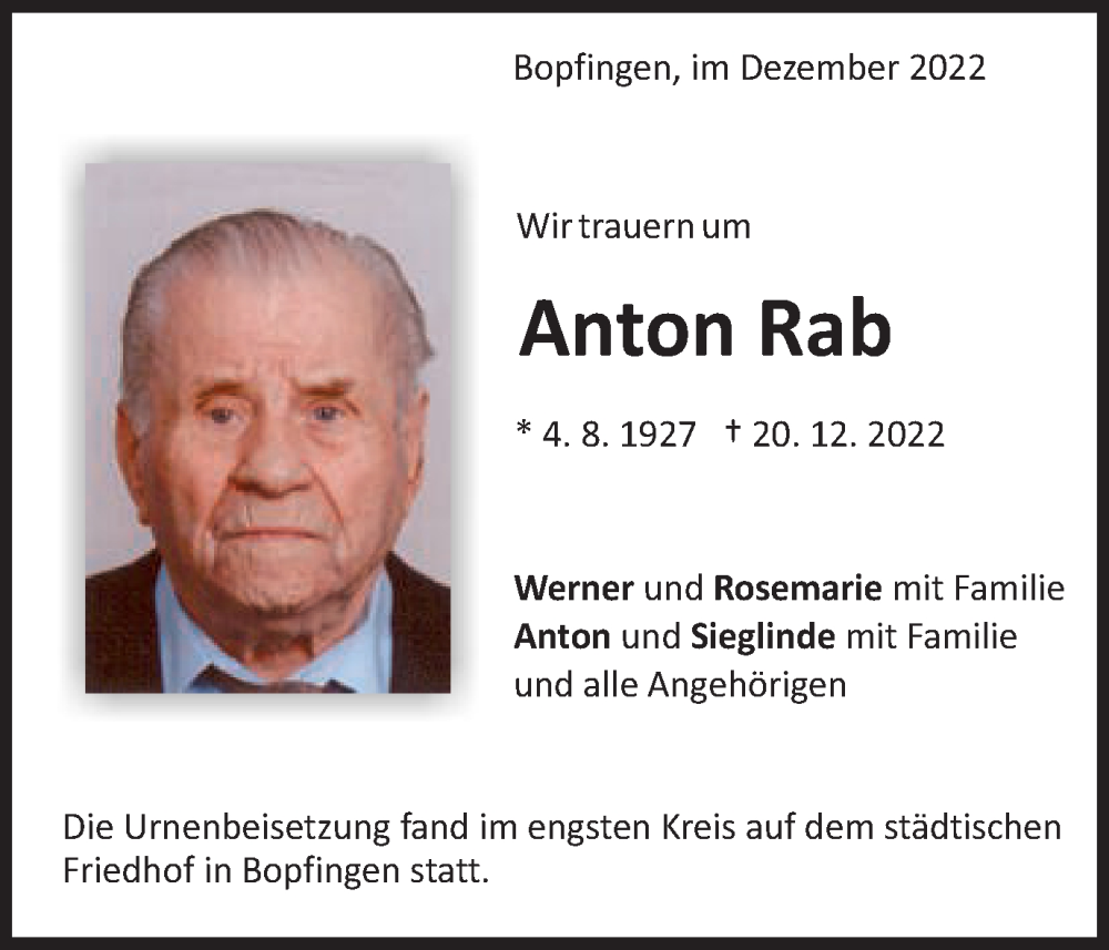  Traueranzeige für Anton Rab vom 31.12.2022 aus Schwäbische Post