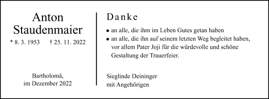 Traueranzeige von Anton Staudenmaier von Gmünder Tagespost