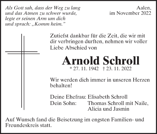 Traueranzeige von Arnold Schroll von Schwäbische Post
