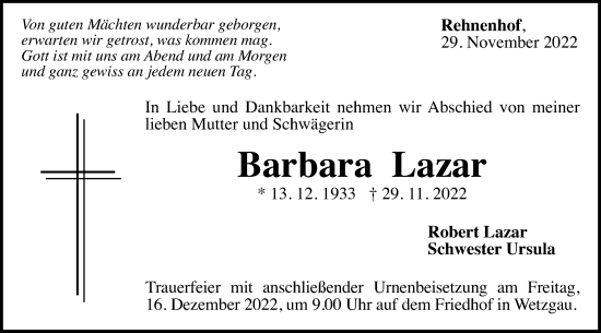 Traueranzeige von Barbara Lazar von Gmünder Tagespost