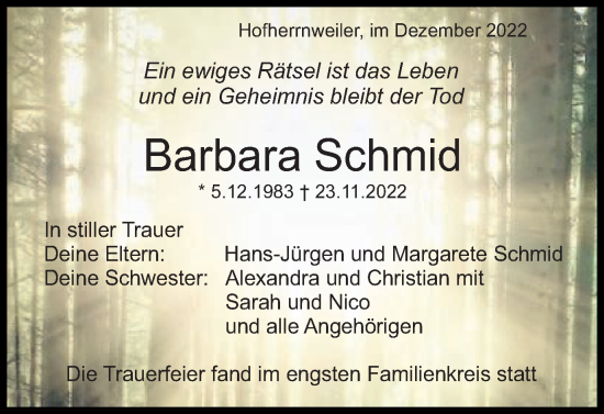 Traueranzeige von Barbara Schmid von Schwäbische Post