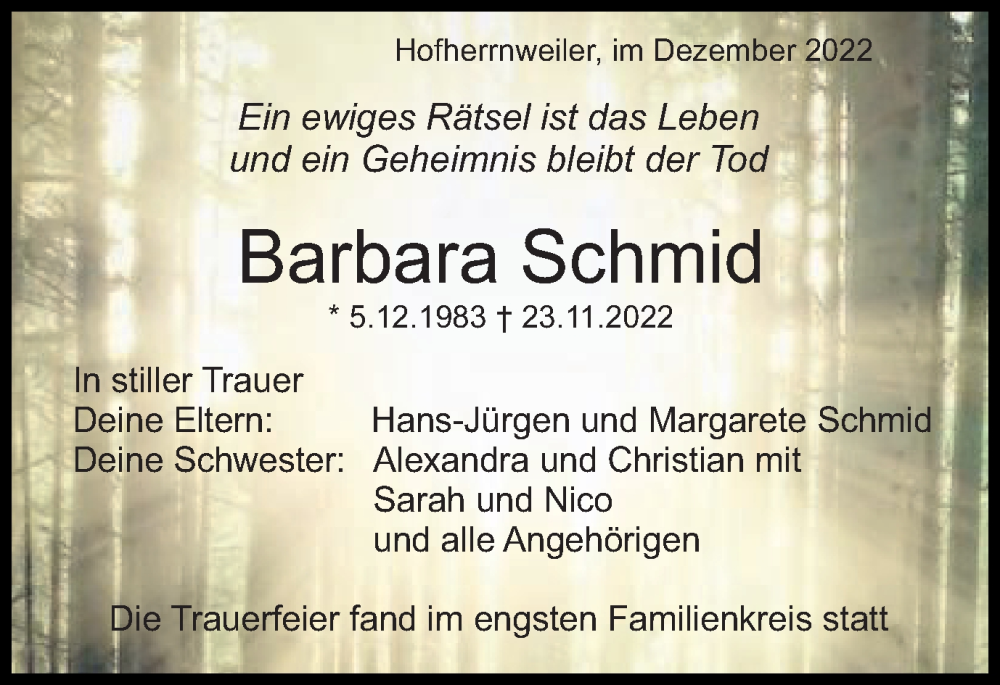  Traueranzeige für Barbara Schmid vom 08.12.2022 aus Schwäbische Post