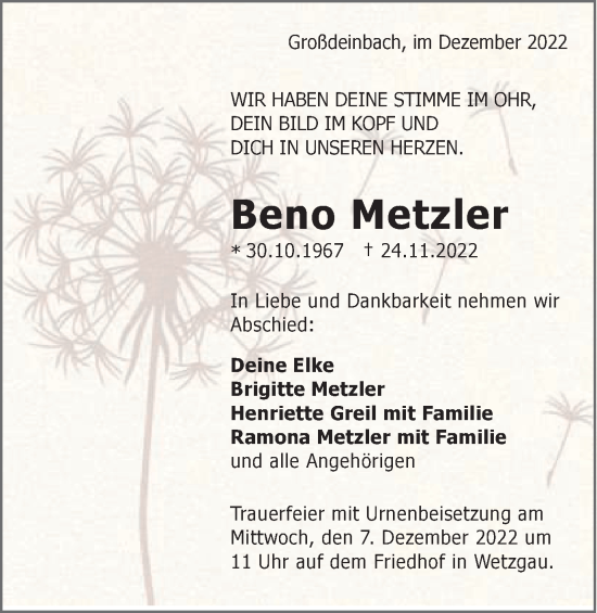 Traueranzeige von Beno Metzler von Gmünder Tagespost