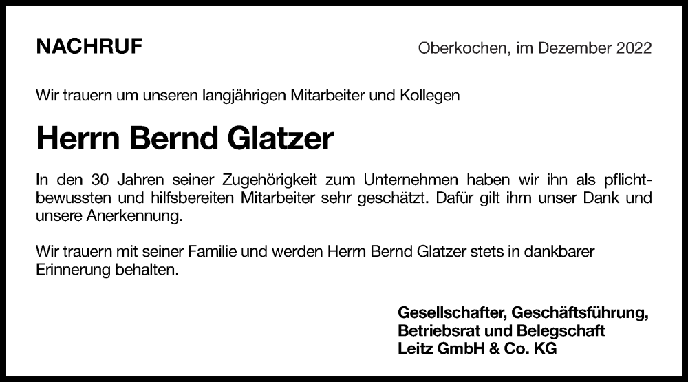  Traueranzeige für Bernd Glatzer vom 24.12.2022 aus Schwäbische Post