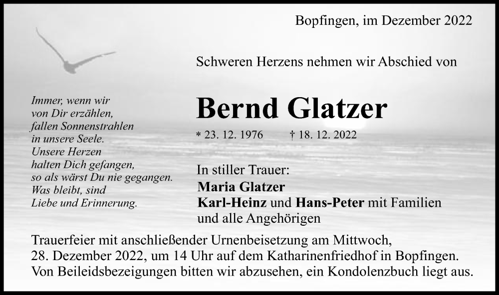 Traueranzeige für Bernd Glatzer vom 23.12.2022 aus Schwäbische Post