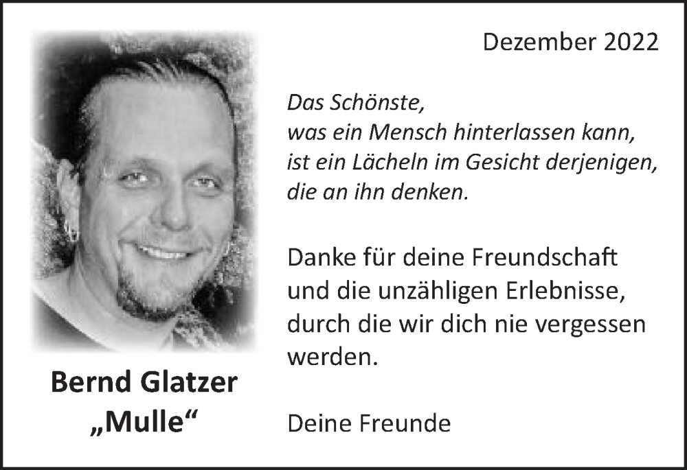  Traueranzeige für Bernd Glatzer vom 23.12.2022 aus Schwäbische Post