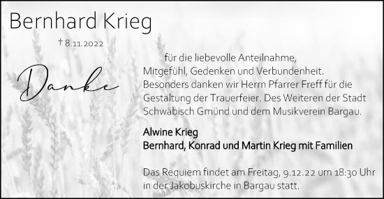 Traueranzeige von Bernhard Krieg von Gmünder Tagespost