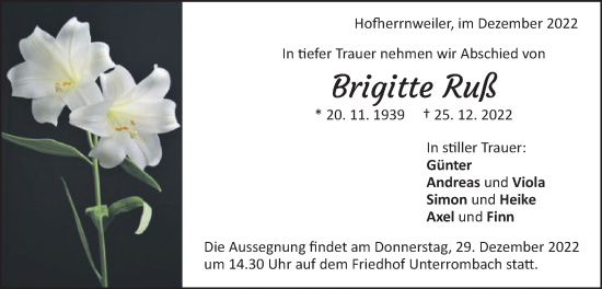 Traueranzeige von Brigitte Ruß von Schwäbische Post