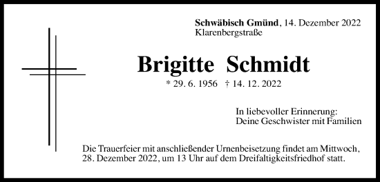 Traueranzeige von Brigitte Schmidt von Gmünder Tagespost