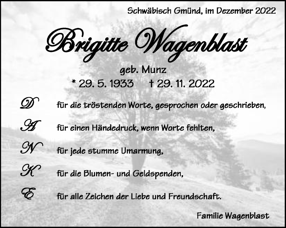  Traueranzeige für Brigitte Wagenblast vom 17.12.2022 aus Gmünder Tagespost