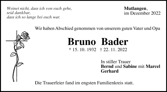 Traueranzeige von Bruno Bader von Gmünder Tagespost