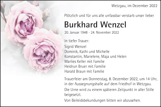 Traueranzeige von Burkhard Wenzel von Gmünder Tagespost
