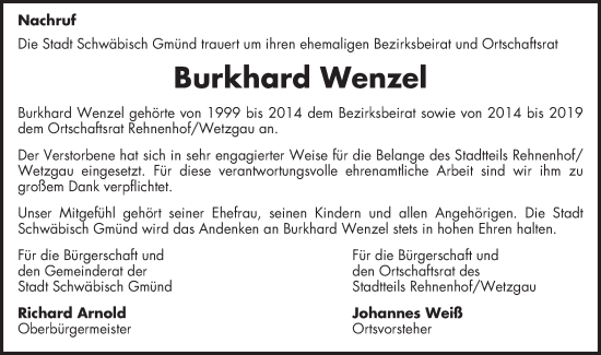 Traueranzeige von Burkhard Wenzel von Gmünder Tagespost