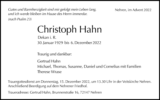 Traueranzeige von Christoph Hahn von Schwäbische Post