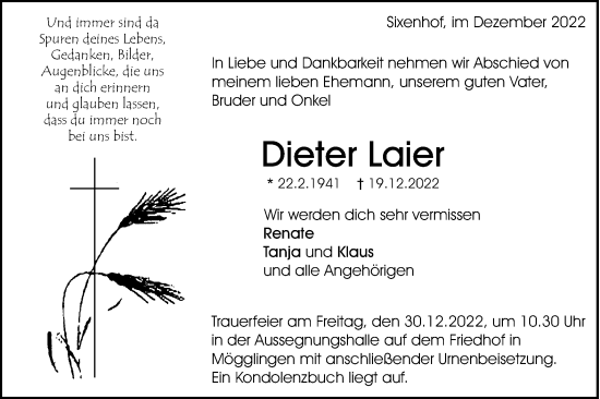 Traueranzeige von Dieter Laier von Schwäbische Post
