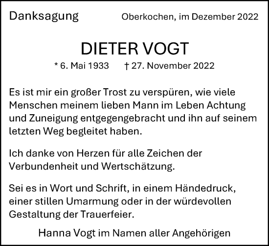Traueranzeige von Dieter Vogt von Amtsblatt_Oko