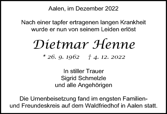 Traueranzeige von Dietmar Henne von Schwäbische Post