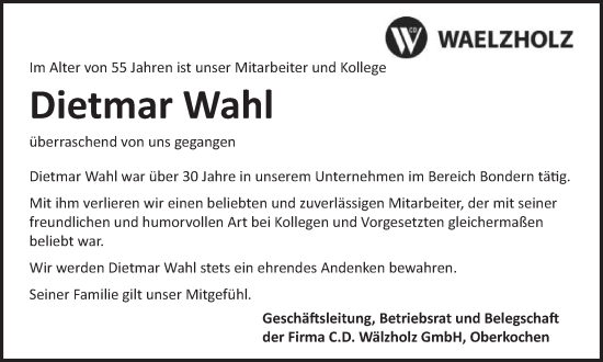 Traueranzeige von Dietmar Wahl von Schwäbische Post