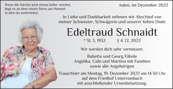 Traueranzeige von Edeltraud Schmidt von Schwäbische Post