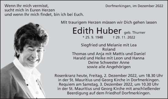 Traueranzeige von Edith Huber von Schwäbische Post