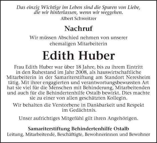 Traueranzeige von Edith Huber von Schwäbische Post