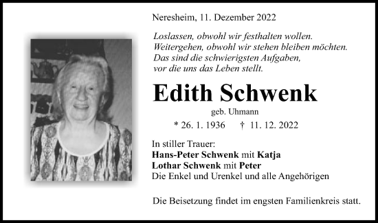Traueranzeige von Edith Schwenk von Schwäbische Post