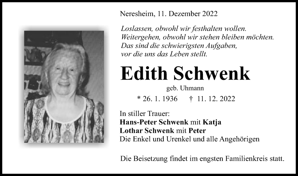  Traueranzeige für Edith Schwenk vom 13.12.2022 aus Schwäbische Post