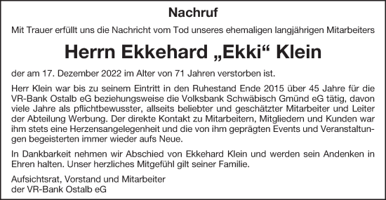 Traueranzeige von Ekkehard Klein von Gmünder Tagespost