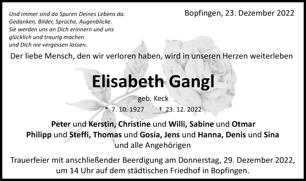  Traueranzeige für Elisabeth Gangl vom 27.12.2022 aus Schwäbische Post
