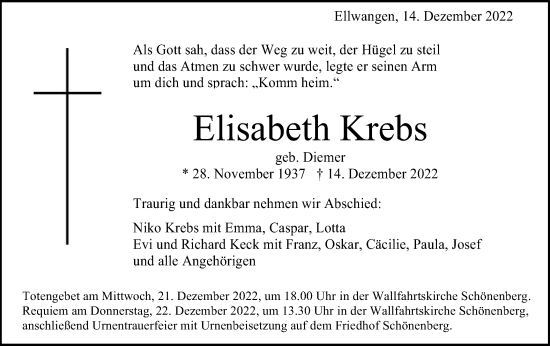 Traueranzeige von Elisabeth Krebs von Schwäbische Post