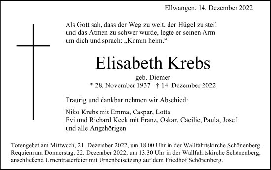 Traueranzeige von Elisabeth Krebs