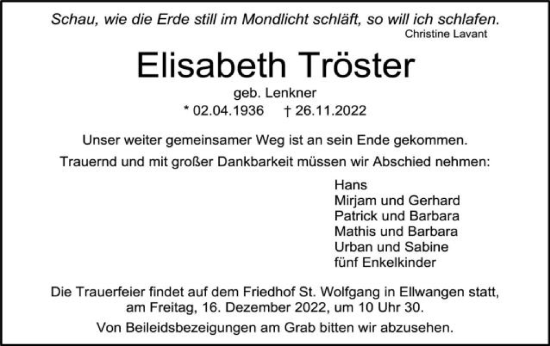 Traueranzeige von Elisabeth Tröster von Schwäbische Post