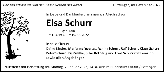 Traueranzeige von Elsa Schurr von Schwäbische Post