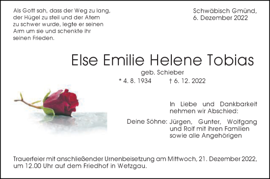 Traueranzeige von Else Emilie Helene Tobias von Gmünder Tagespost
