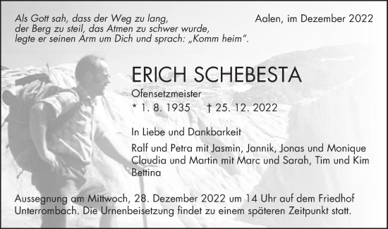 Traueranzeige von Erich Schebesta von Schwäbische Post