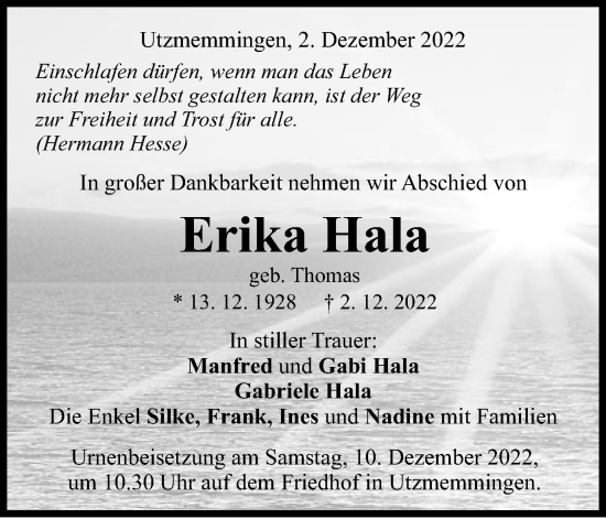 Traueranzeige von Erika Hala von Schwäbische Post