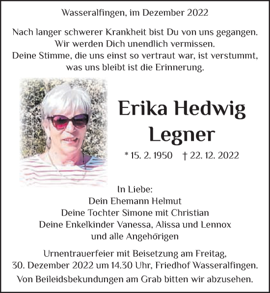 Traueranzeige von Erika Hedwig Legner von Schwäbische Post