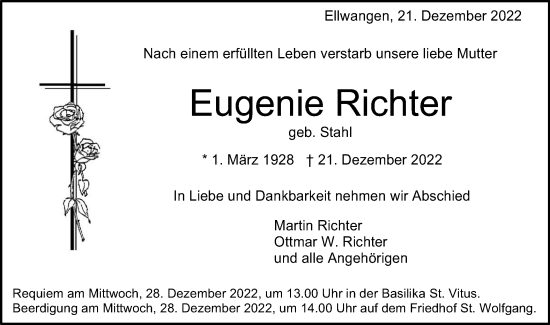 Traueranzeige von Eugenie Richter von Schwäbische Post