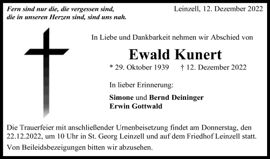 Traueranzeige von Ewald Kunert von Gmünder Tagespost