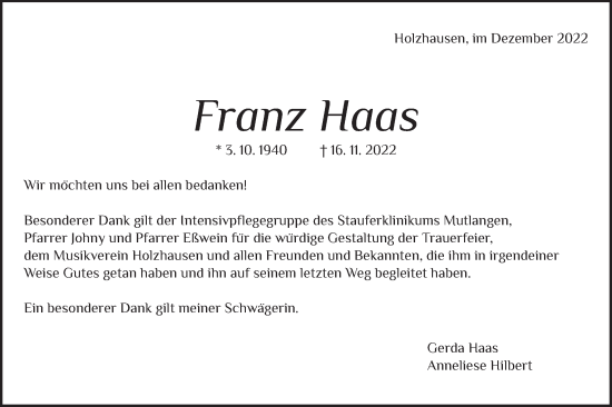 Traueranzeige von Franz Haas von Gmünder Tagespost