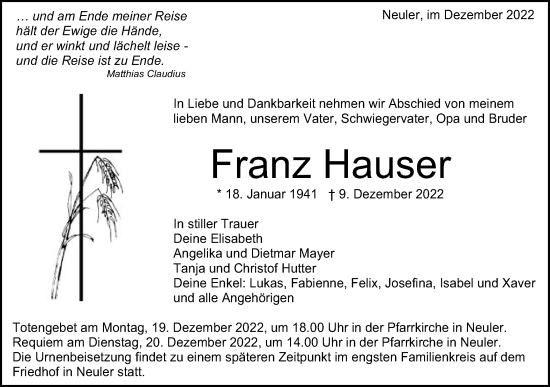 Traueranzeige von Franz Hauser von Schwäbische Post