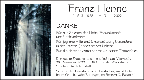 Traueranzeige von Franz Henne von Schwäbische Post
