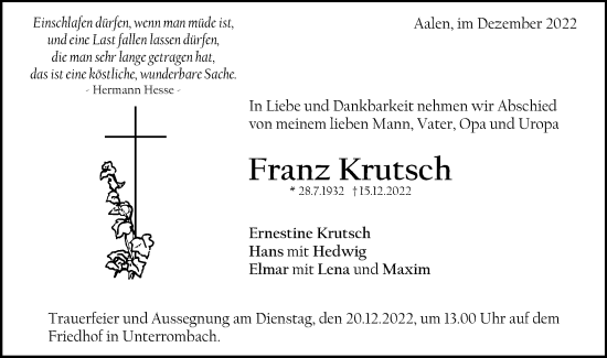 Traueranzeige von Franz Krutsch von Schwäbische Post