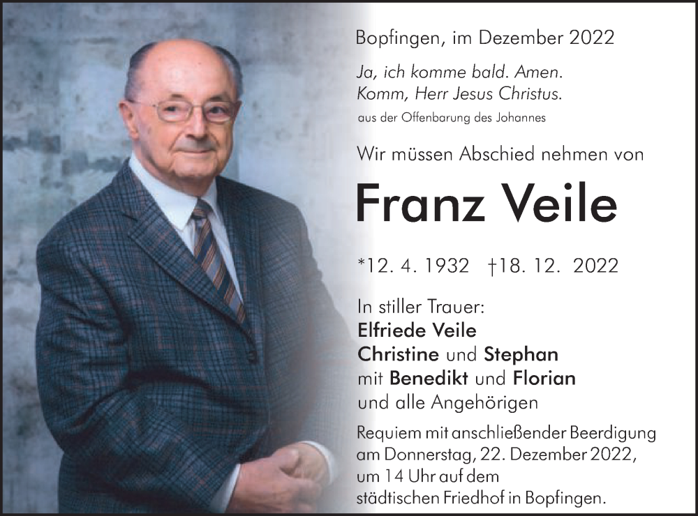  Traueranzeige für Franz Veile vom 20.12.2022 aus Schwäbische Post