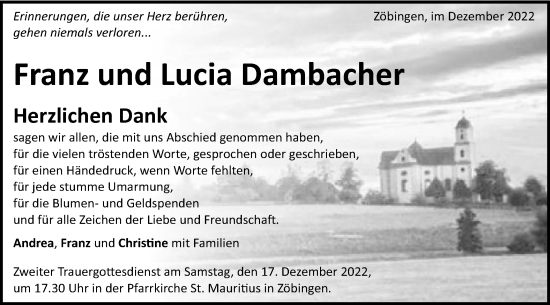Traueranzeige von Franz und Lucia  Dambacher von Schwäbische Post